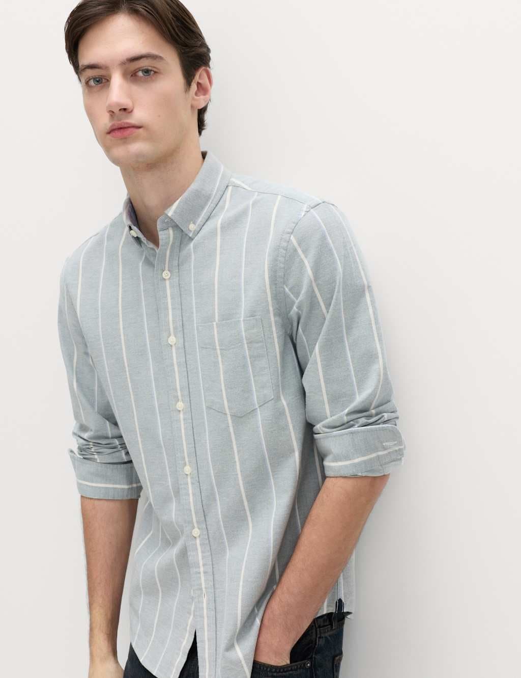 Marks & Spencer M&S Cotton Rich Striped Oxford Shirt Green Mix