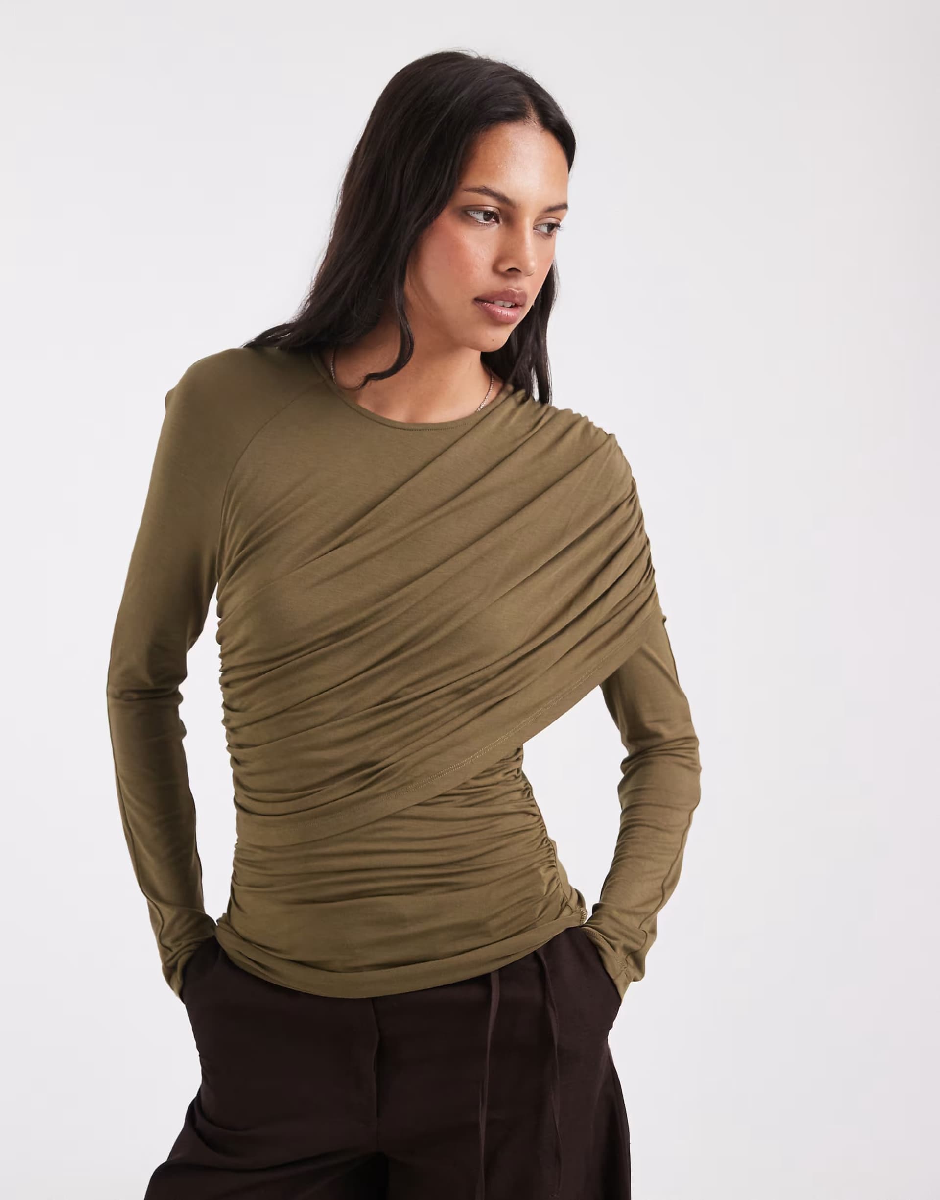 ASOS ASOS DESIGN drapey wrap shoulder long sleeve top in khaki