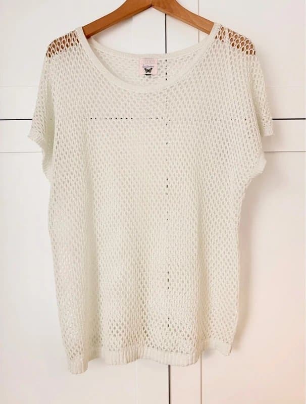 Luxe Cream Crochet Open Work Loose Knit Glitter Foil Short Sleeve Jumper Top