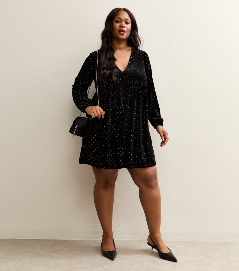 New Look Women's Plus Size Black Diamante Embellished Velvet Mini Dress Curves New Look - 1