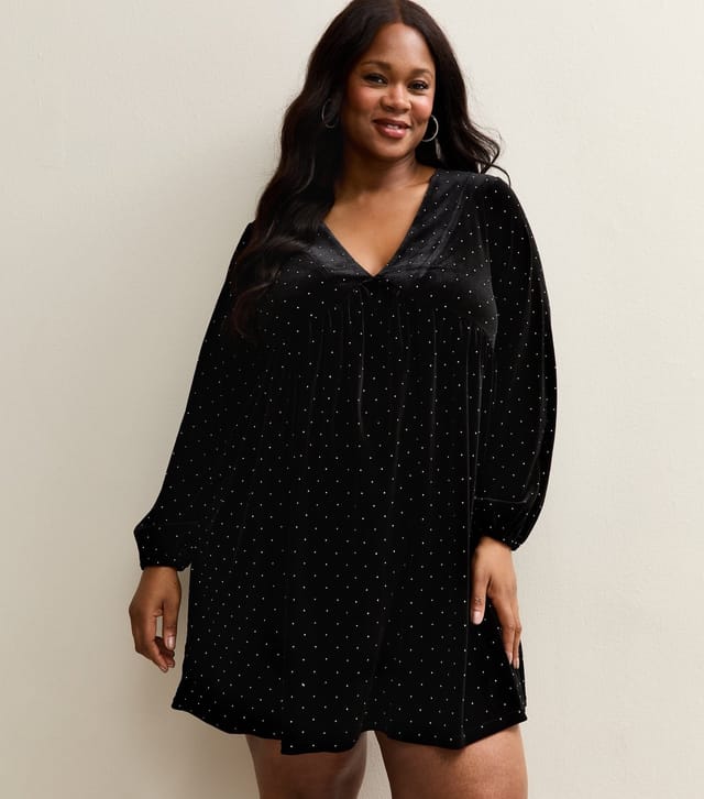 New Look Women's Plus Size Black Diamante Embellished Velvet Mini Dress Curves New Look - 2