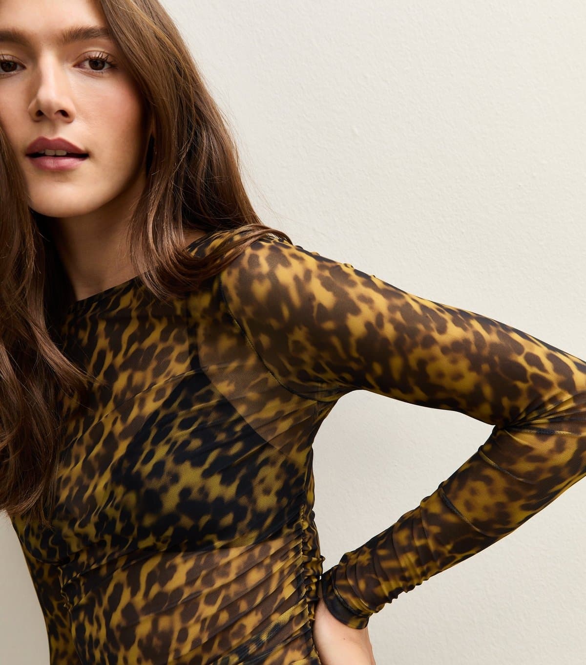 New Look Women's Brown Tortoiseshell Mesh Long Sleeve Top New Look
