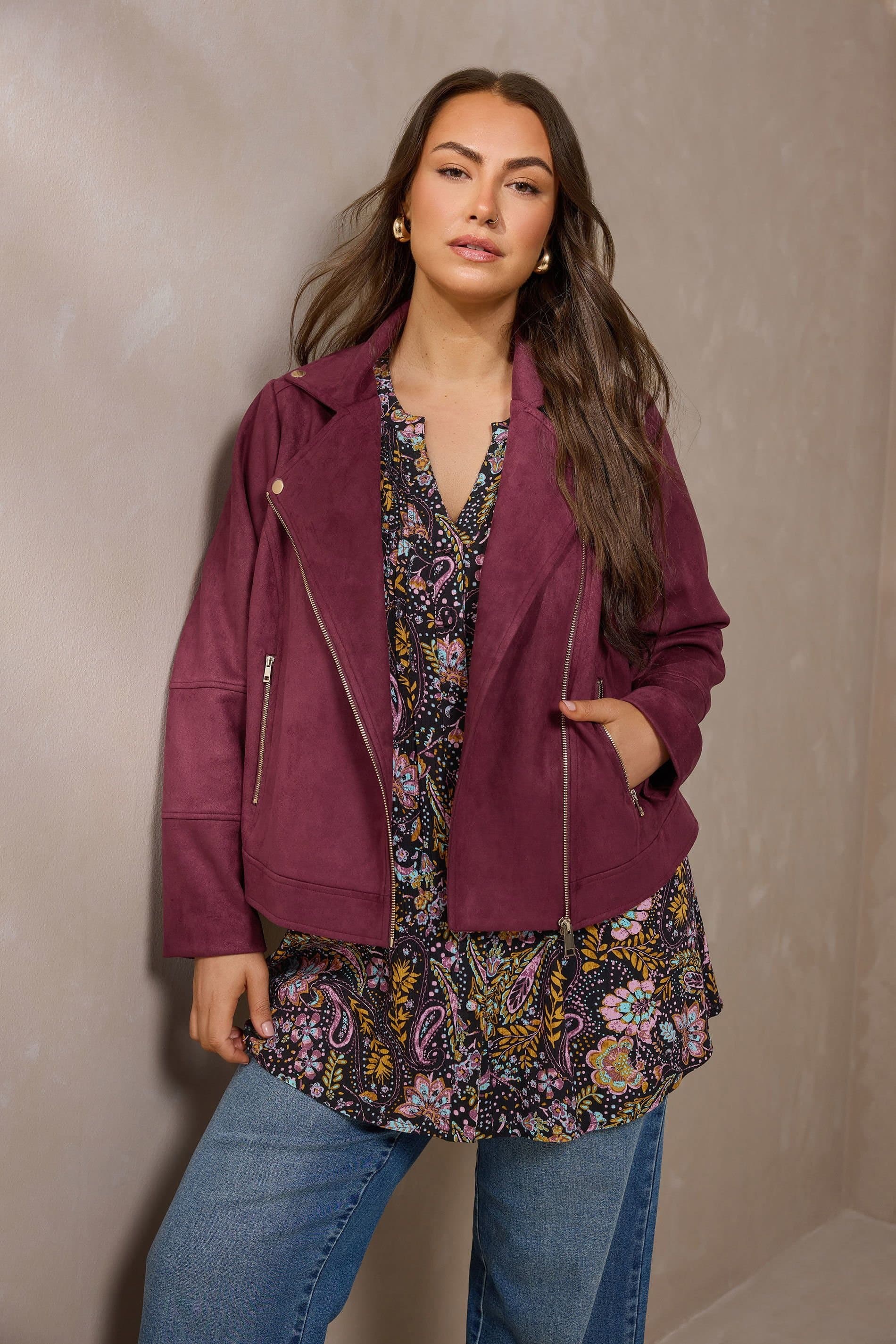 Evans Evans Women's Suedette Biker Jacket in Dark Red