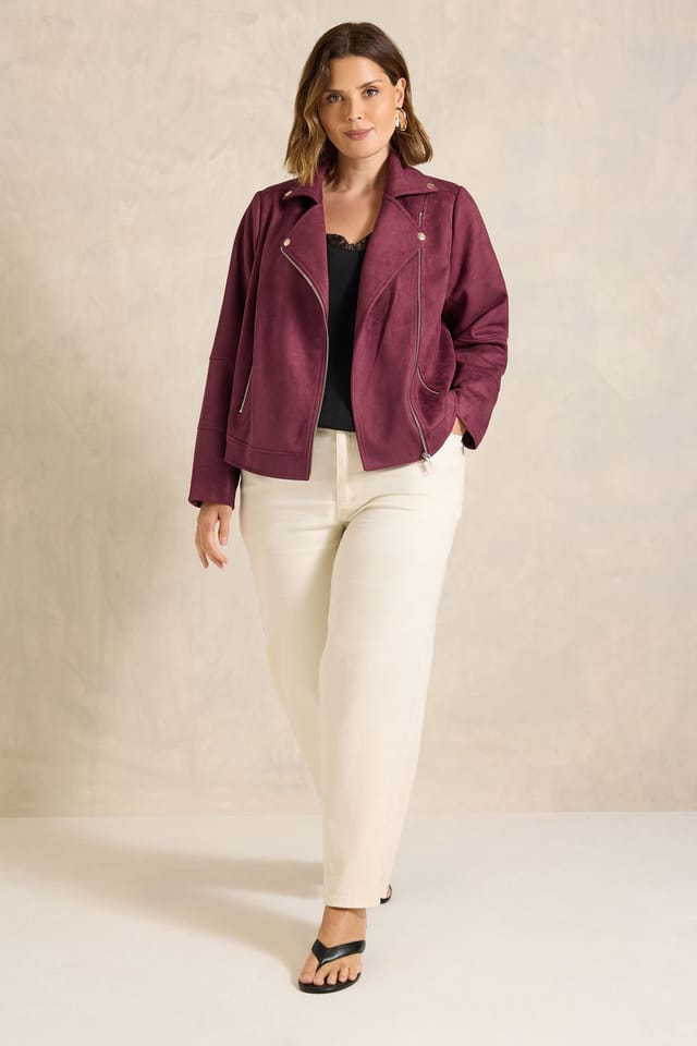 Evans Evans Women's Suedette Biker Jacket in Dark Red - 3