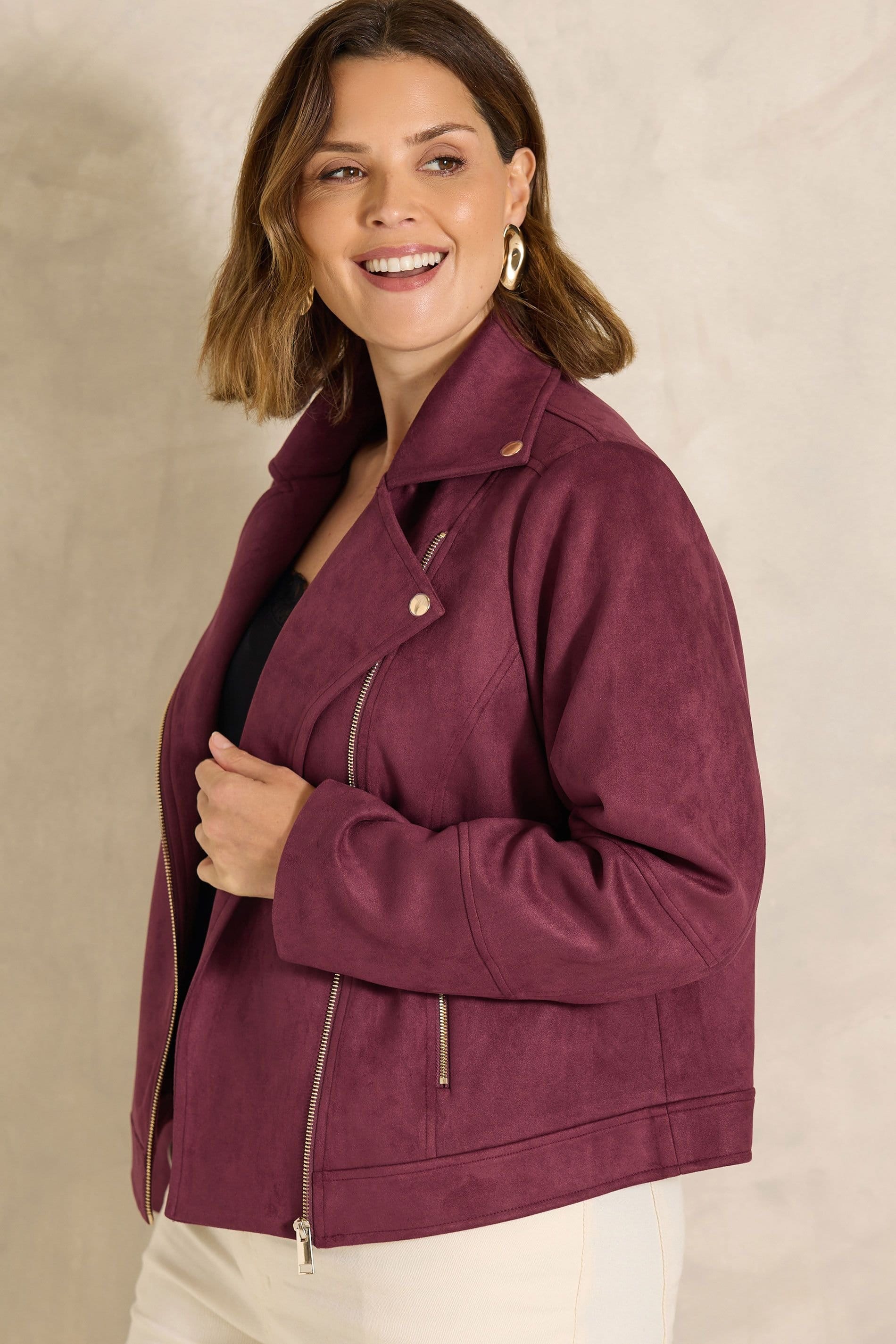 Evans Evans Women's Suedette Biker Jacket in Dark Red - 4
