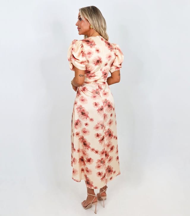 AX Paris Women's Pink Satin Floral Puff Sleeve Midi Dress AX Paris New Look - 3