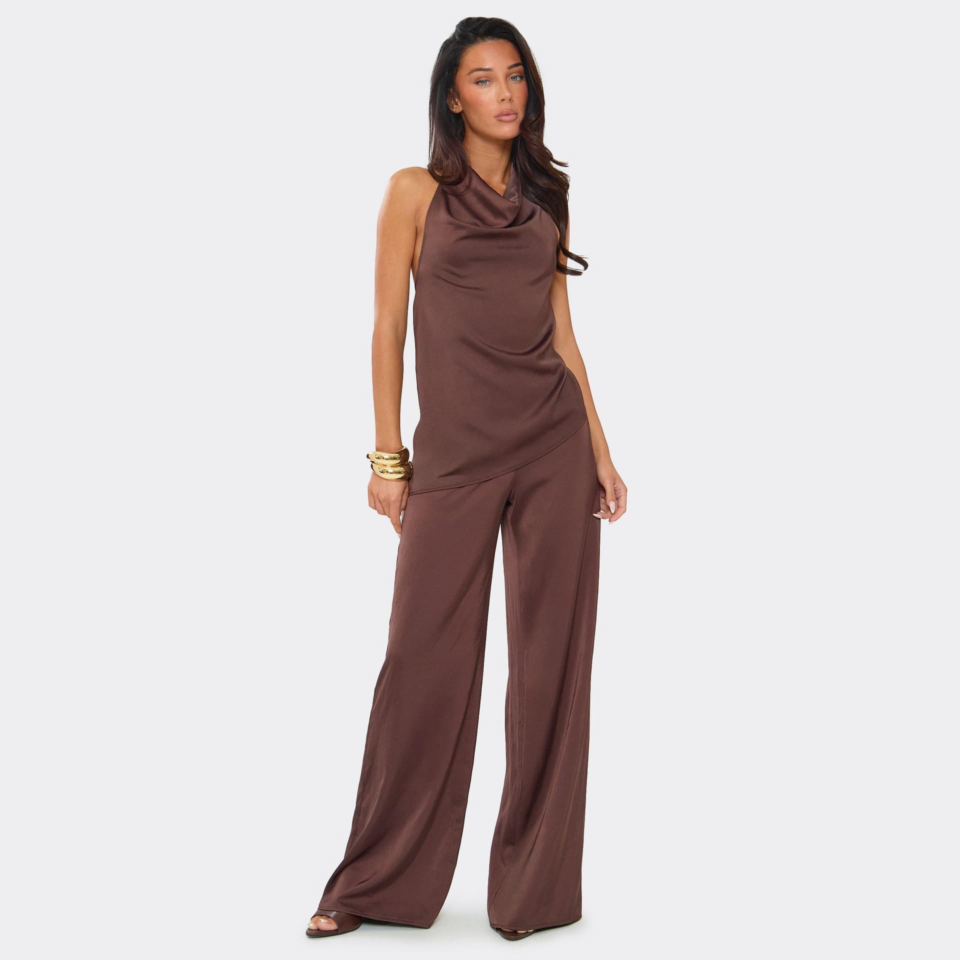 EGO High Cowl Neck Jumpsuit In Chocolate Brown Satin, Women's Size UK 6