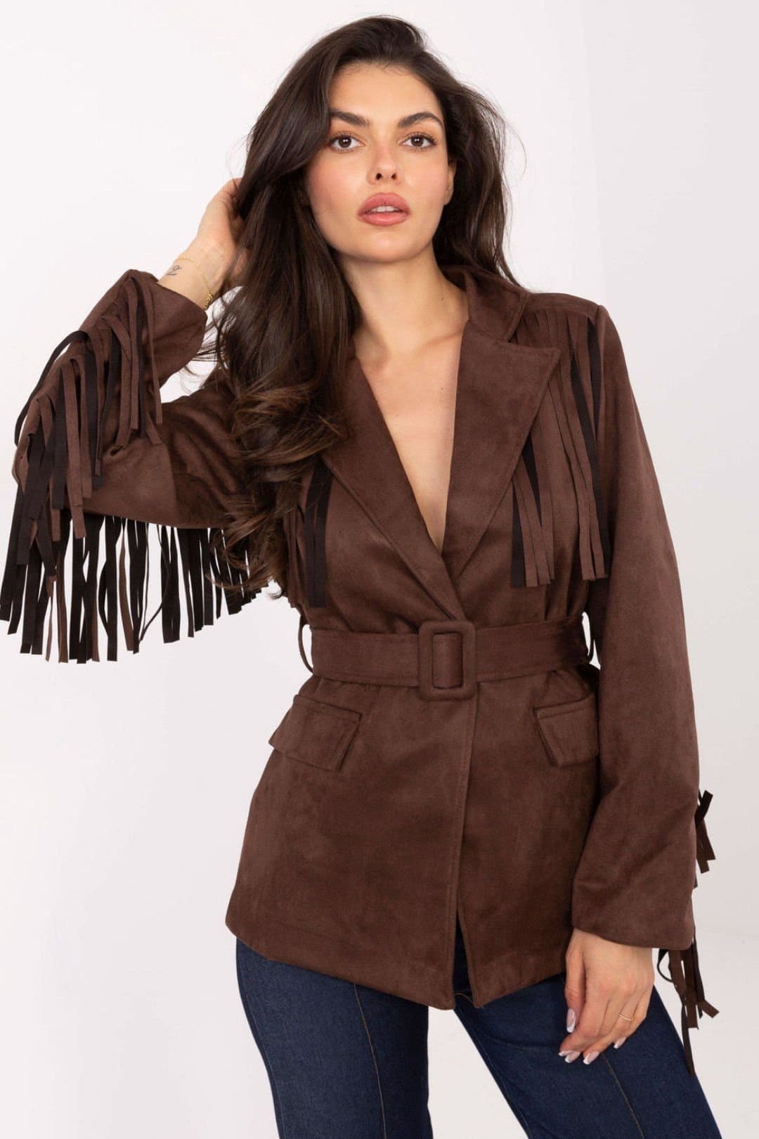 Love Lace Love Lace Women's Boho Suede Style Belted Blazer in Brown