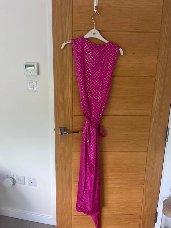 Never Fully Dressed Pink with gold pattern wrap around dress