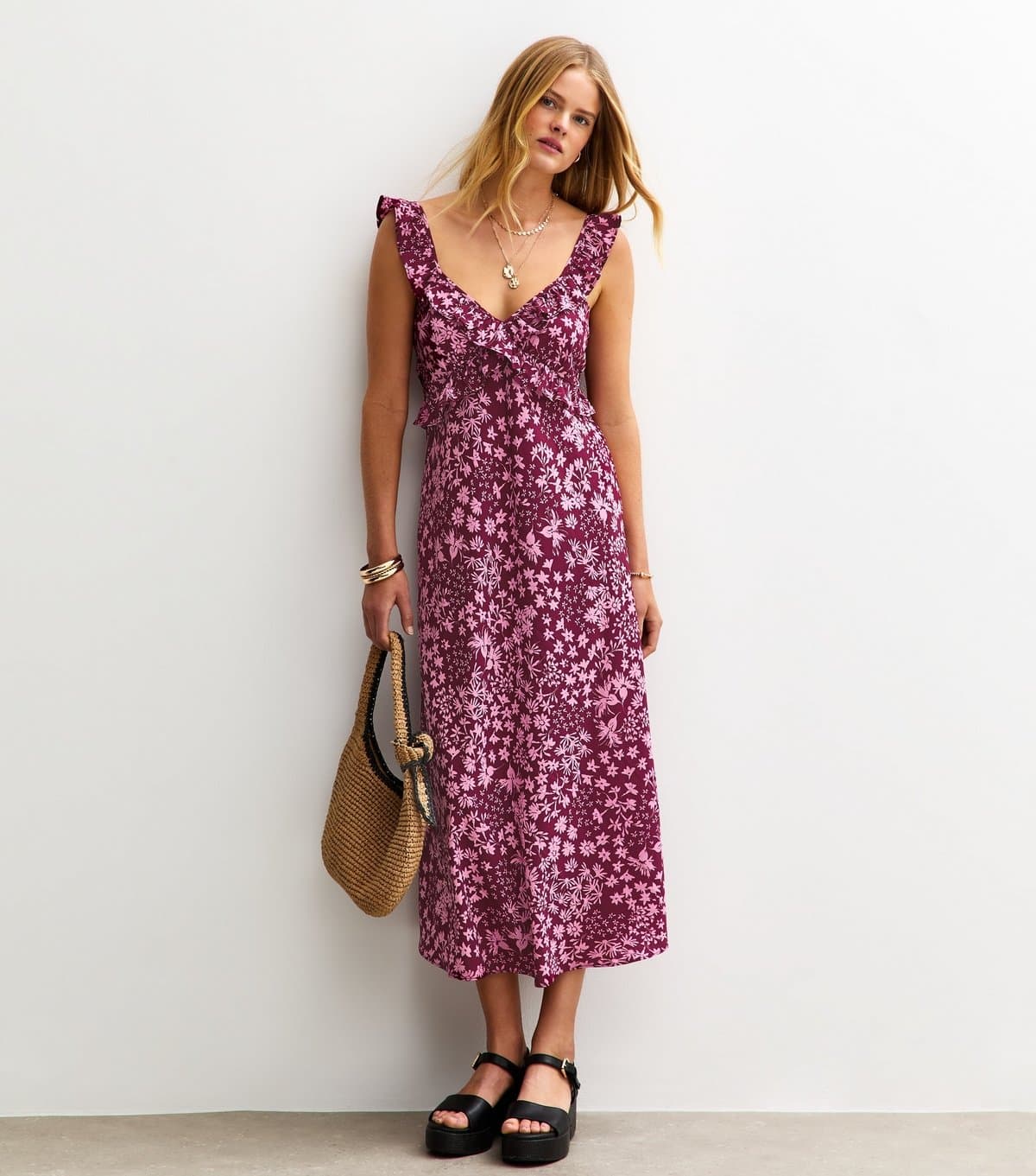 New Look Women's Burgundy Crepe Floral Print Crossover Ruffle Front Midi Dress New Look