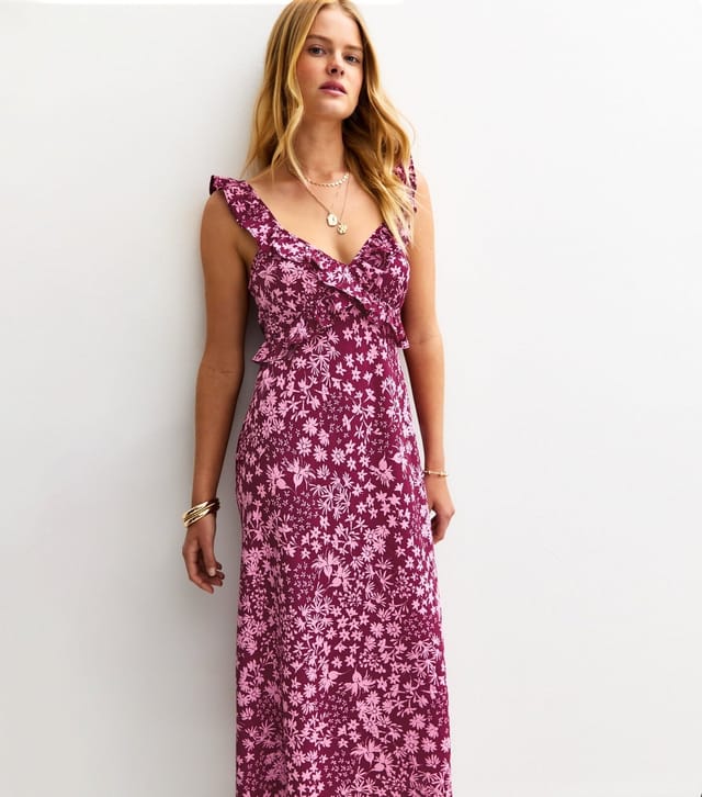 New Look Women's Burgundy Crepe Floral Print Crossover Ruffle Front Midi Dress New Look - 3