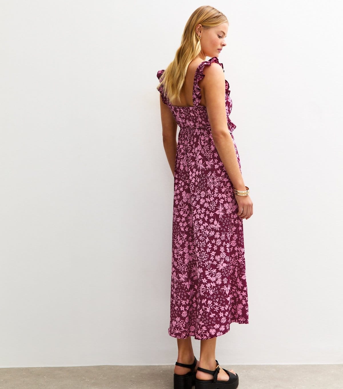 New Look Women's Burgundy Crepe Floral Print Crossover Ruffle Front Midi Dress New Look - 4