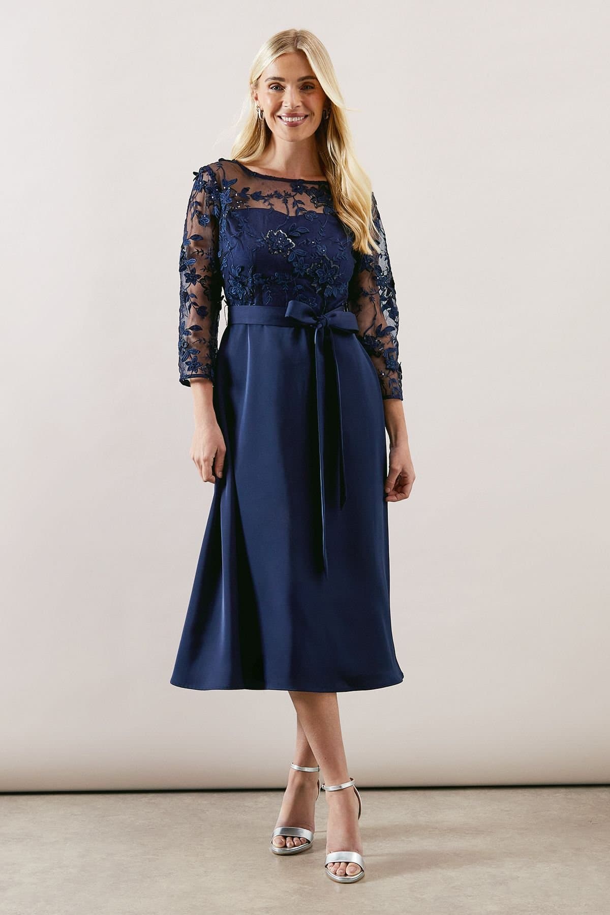 Wallis Wallis Women's Petite Occasion Satin & Mesh Overlay Fit & Flare Dress in Navy