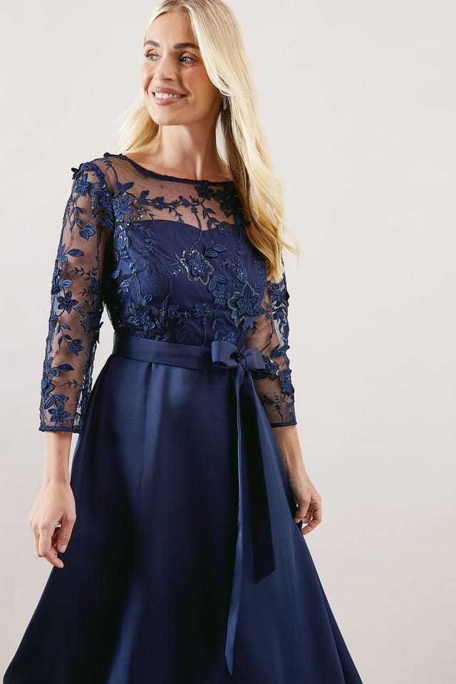 Wallis Wallis Women's Petite Occasion Satin & Mesh Overlay Fit & Flare Dress in Navy - 2