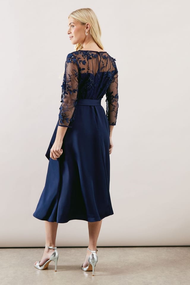 Wallis Wallis Women's Petite Occasion Satin & Mesh Overlay Fit & Flare Dress in Navy - 3
