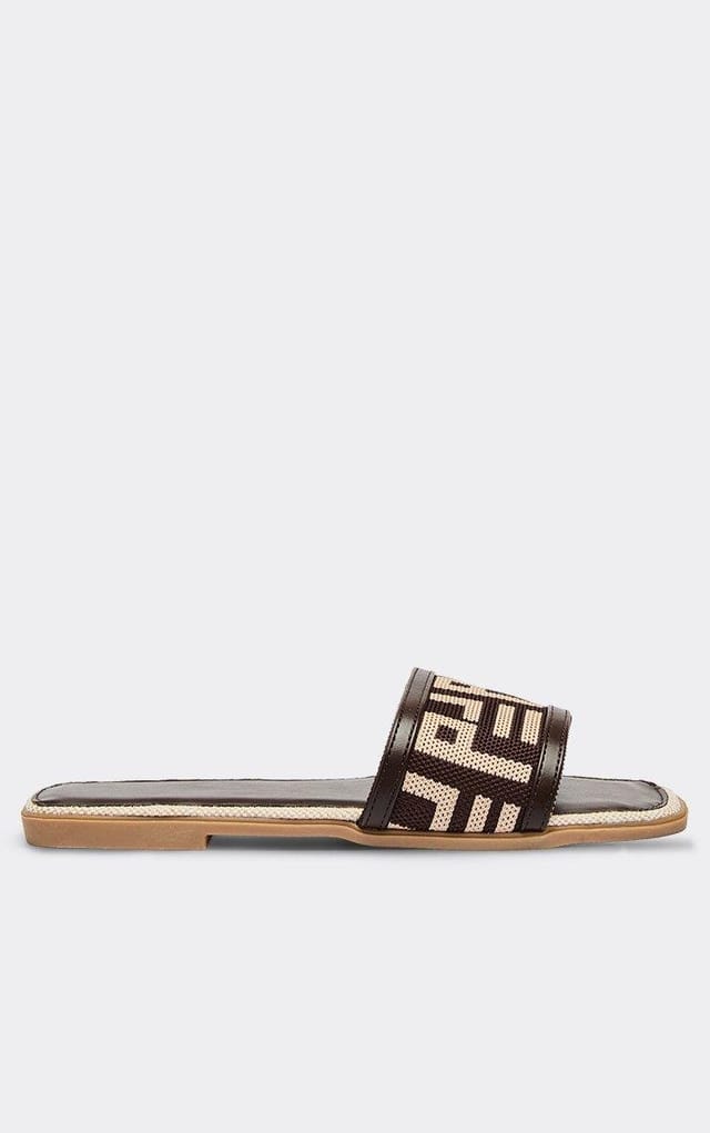 EGO Snack Printed Woven Detail Flat Slider Sandal In Brown Faux Leather, Women's Size UK 3 - 2