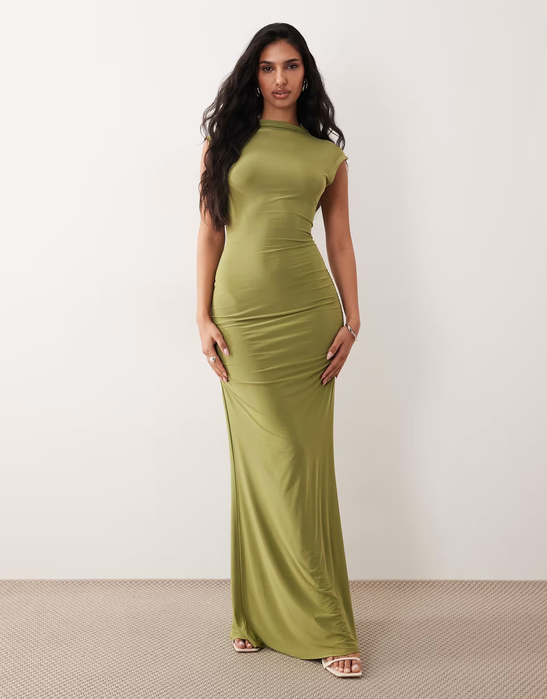 ASOS ASOS DESIGN cap sleeve maxi dress with lace up detail and ruching in olive green