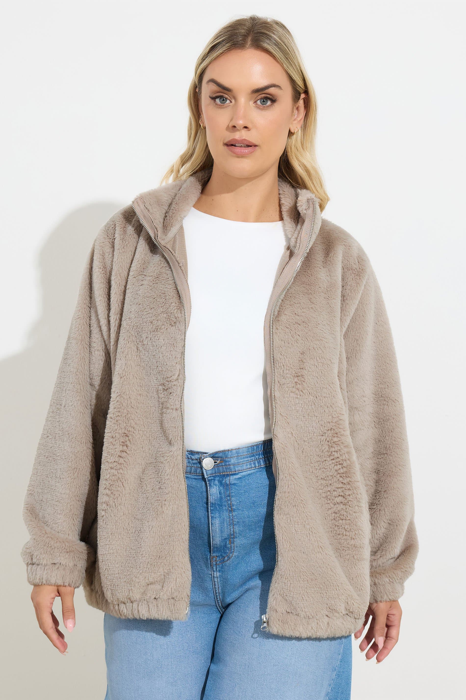 Yours Plus Size Natural Brown Faux Fur Fleece Jacket