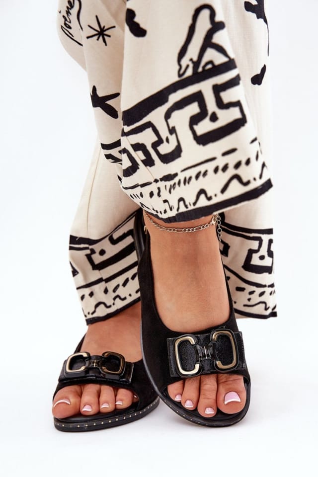 Love Lace Love Lace Women's Jezzi Faux Suede Flat Sandals With Front Decorative Buckle in Black - 3