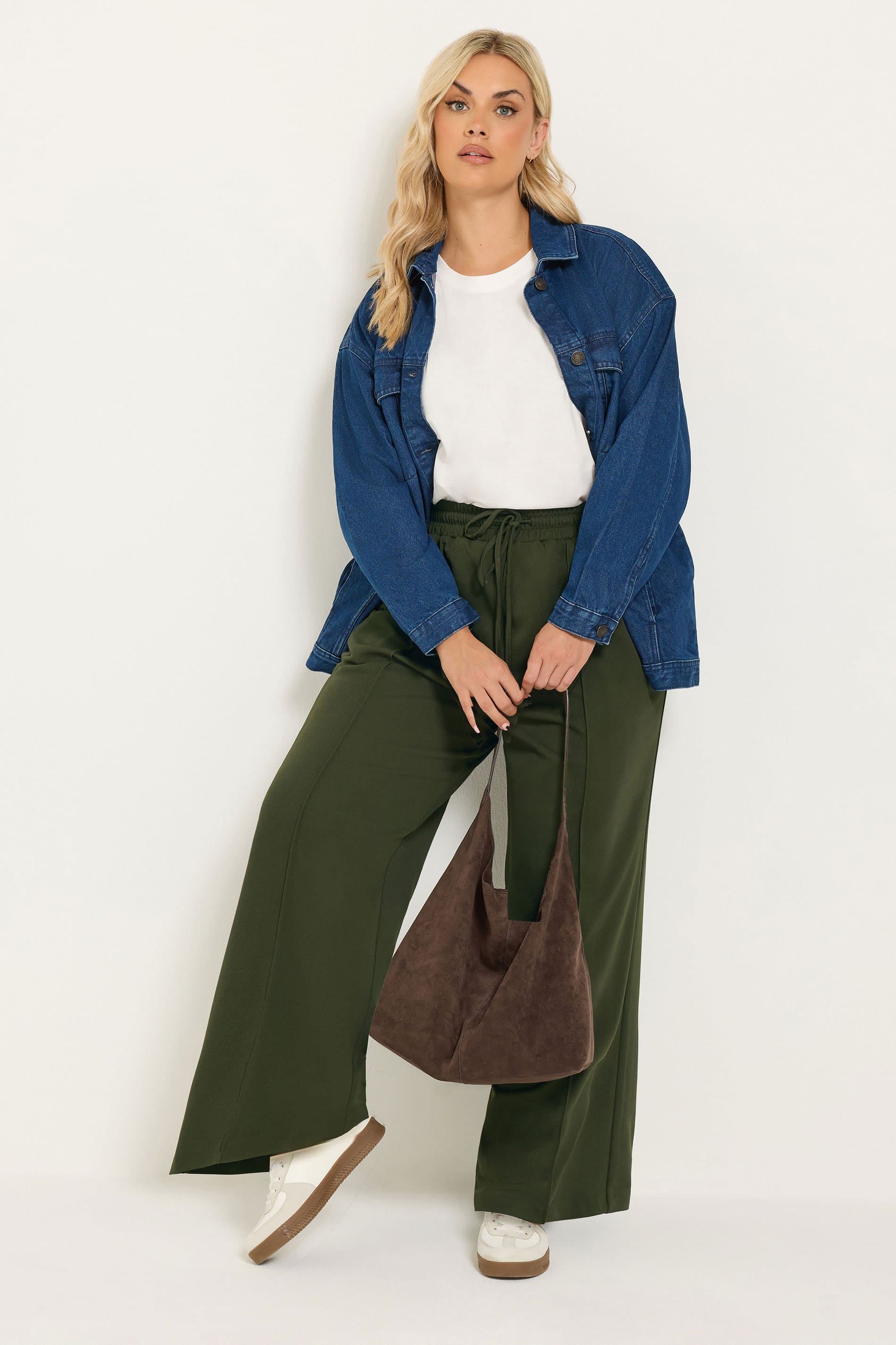 Yours Plus Size Khaki Green Pleat Wide Leg Trousers