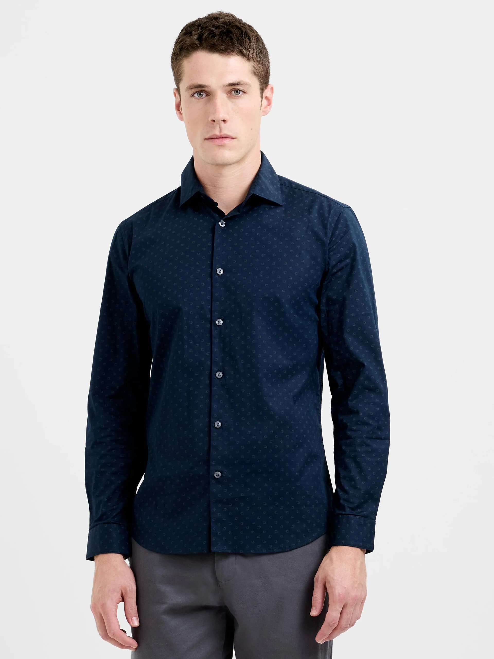 French Connection Long Sleeve Slim Fit Geo Flower Print Shirt Blue Multi