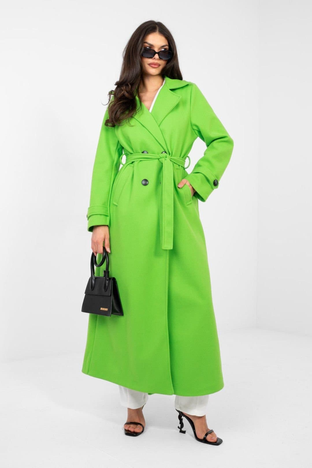 Love Lace Love Lace Women's Long Double Breasted Lapel Belt Coat in Green