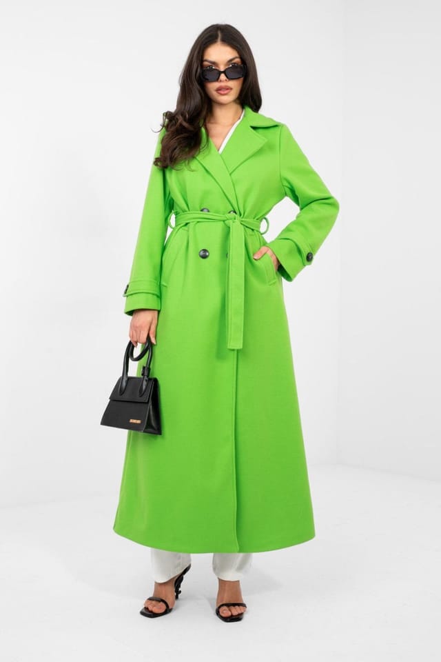 Love Lace Love Lace Women's Long Double Breasted Lapel Belt Coat in Green - 2