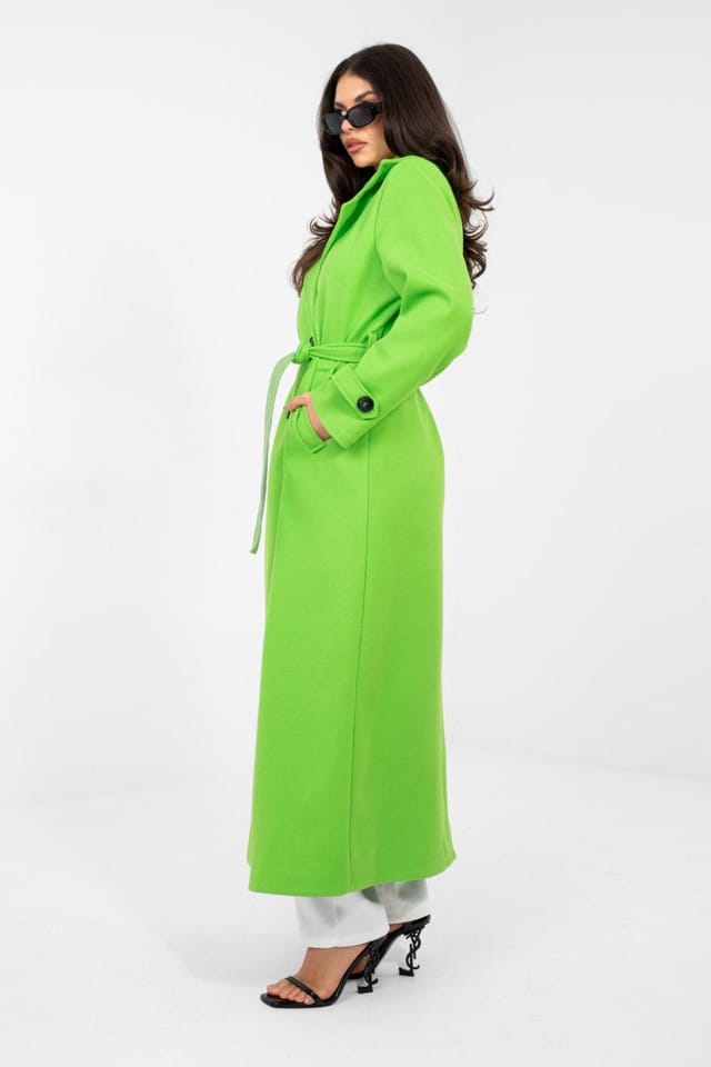 Love Lace Love Lace Women's Long Double Breasted Lapel Belt Coat in Green - 3