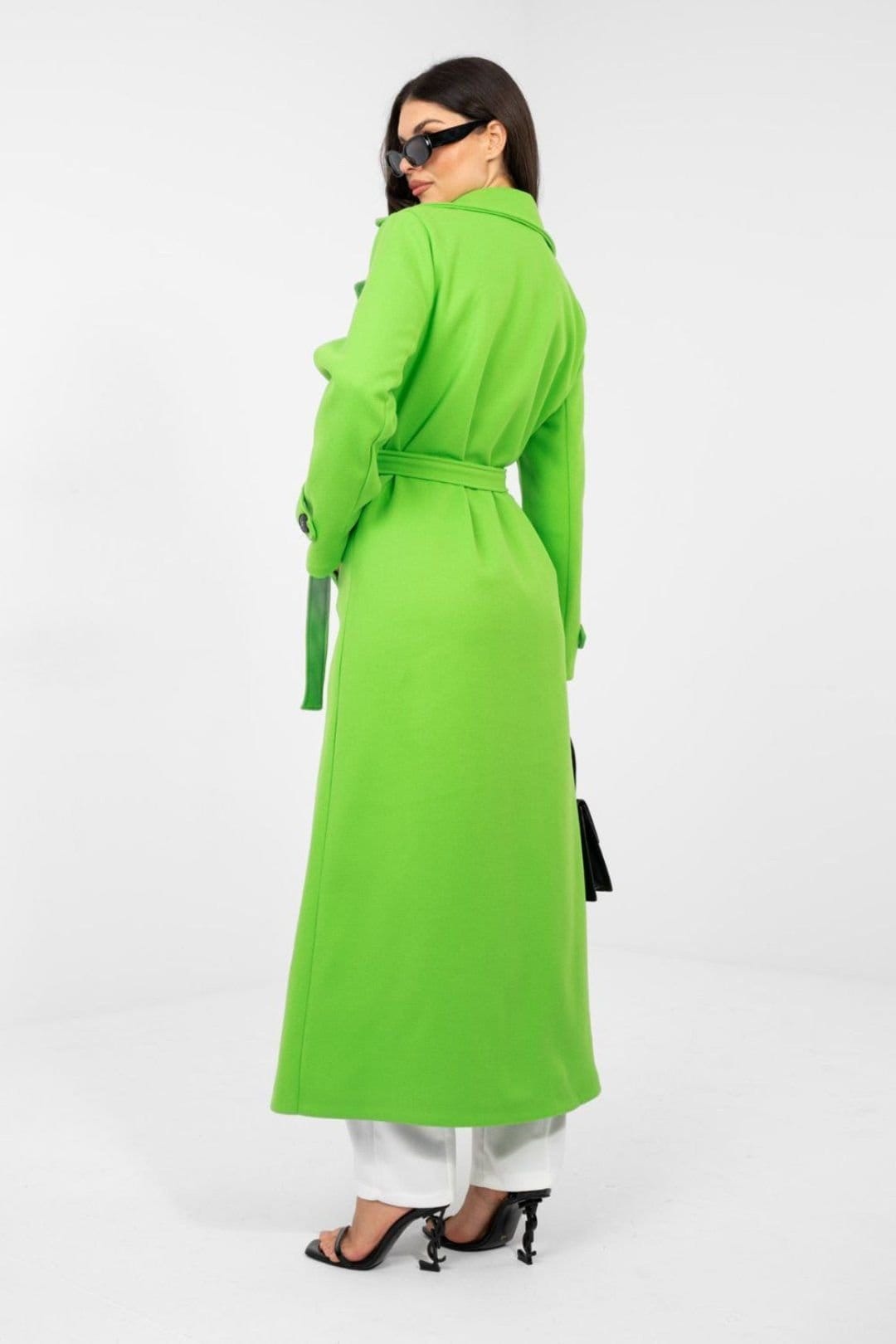 Love Lace Love Lace Women's Long Double Breasted Lapel Belt Coat in Green - 4