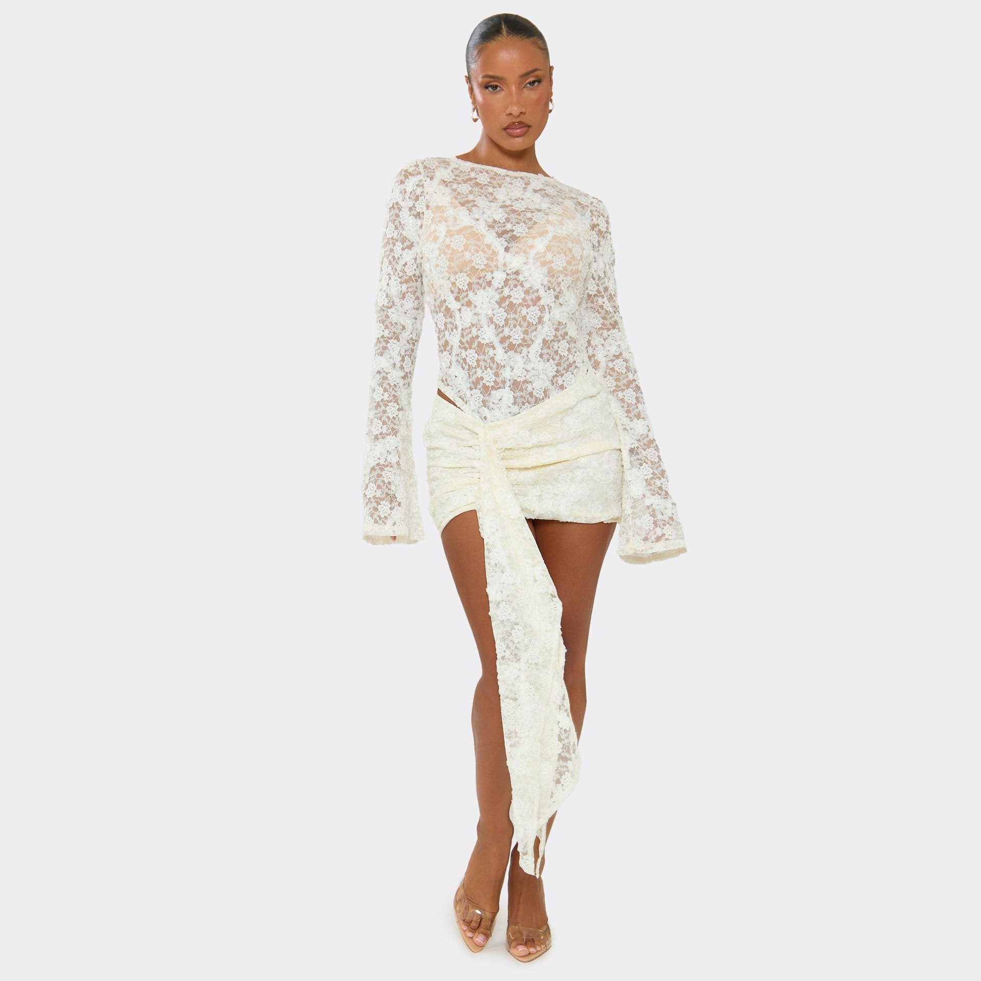 EGO Mid Rise Ruched Drape Front Mini Skirt In Ivory Lace, Women's Size UK 6