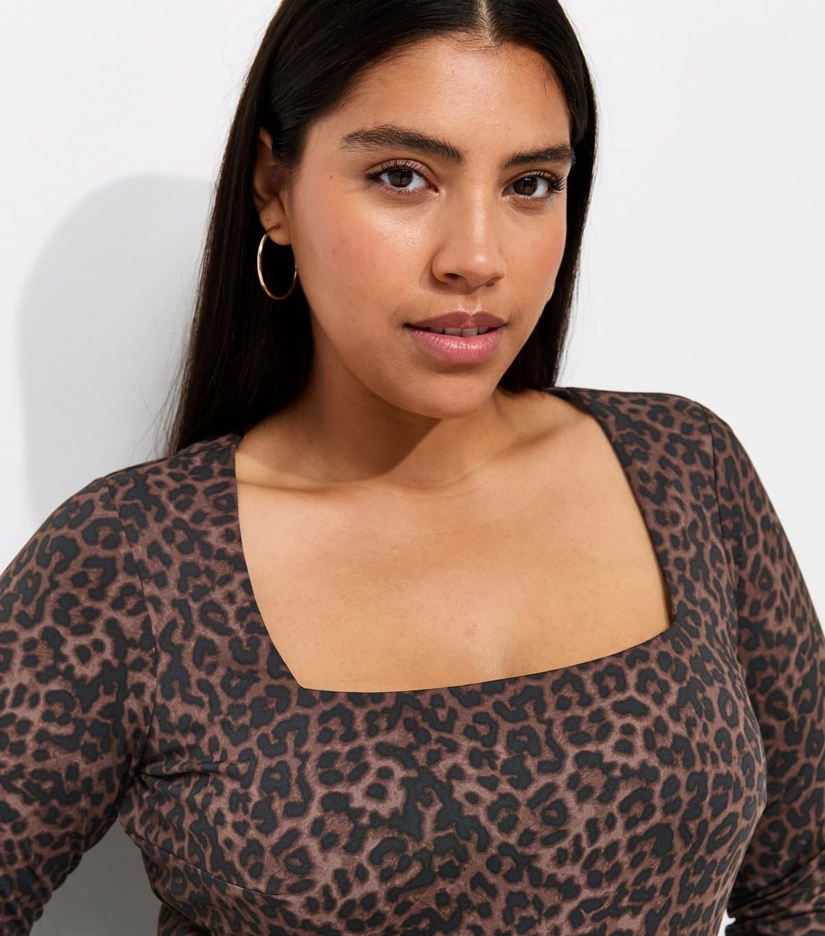 New Look Women's Plus Size Brown Long Sleeve Leopard Print Square Neck Bodysuit Curves New Look