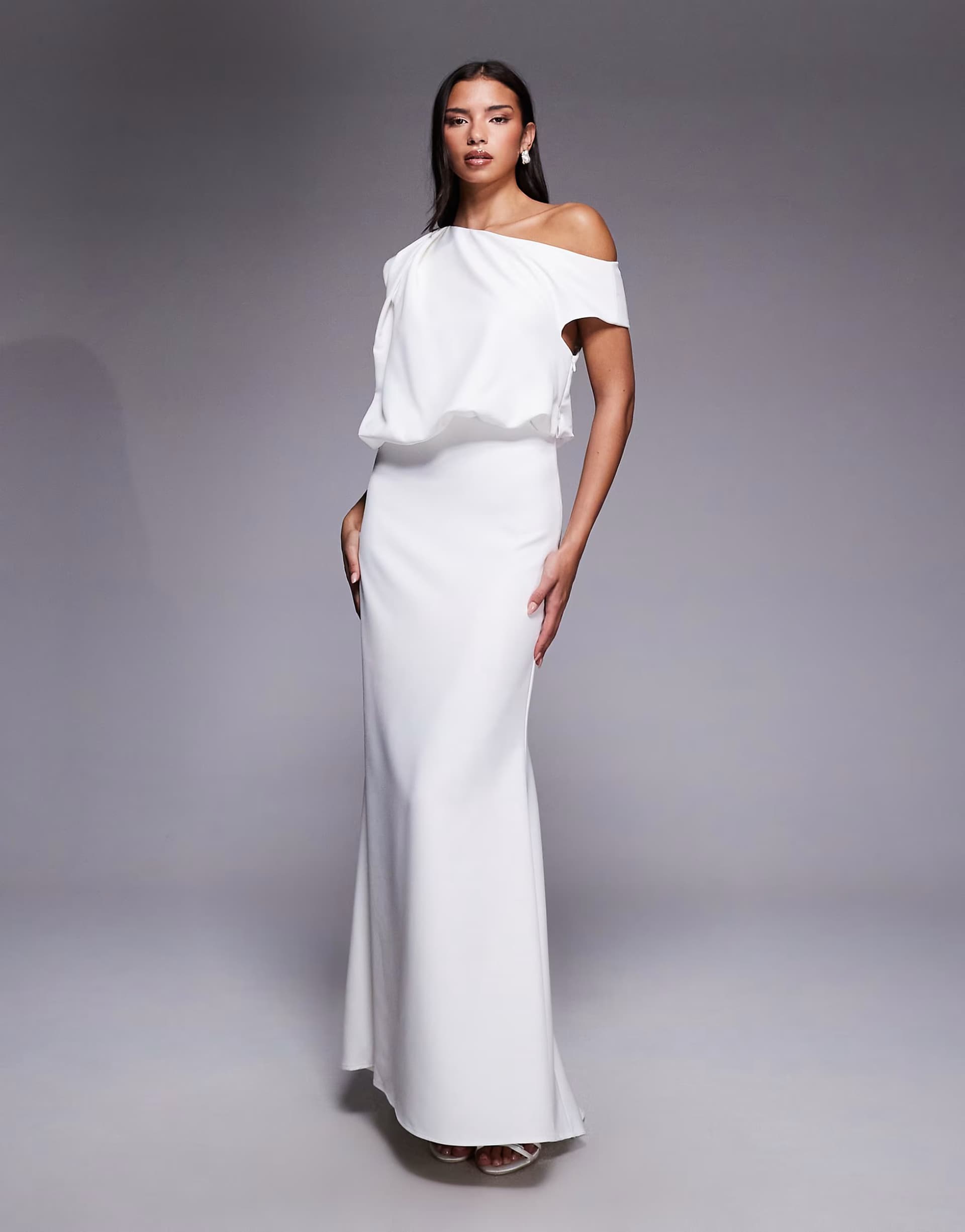 ASOS Jarlo Huda Bridal fallen shoulder maxi dress in ivory