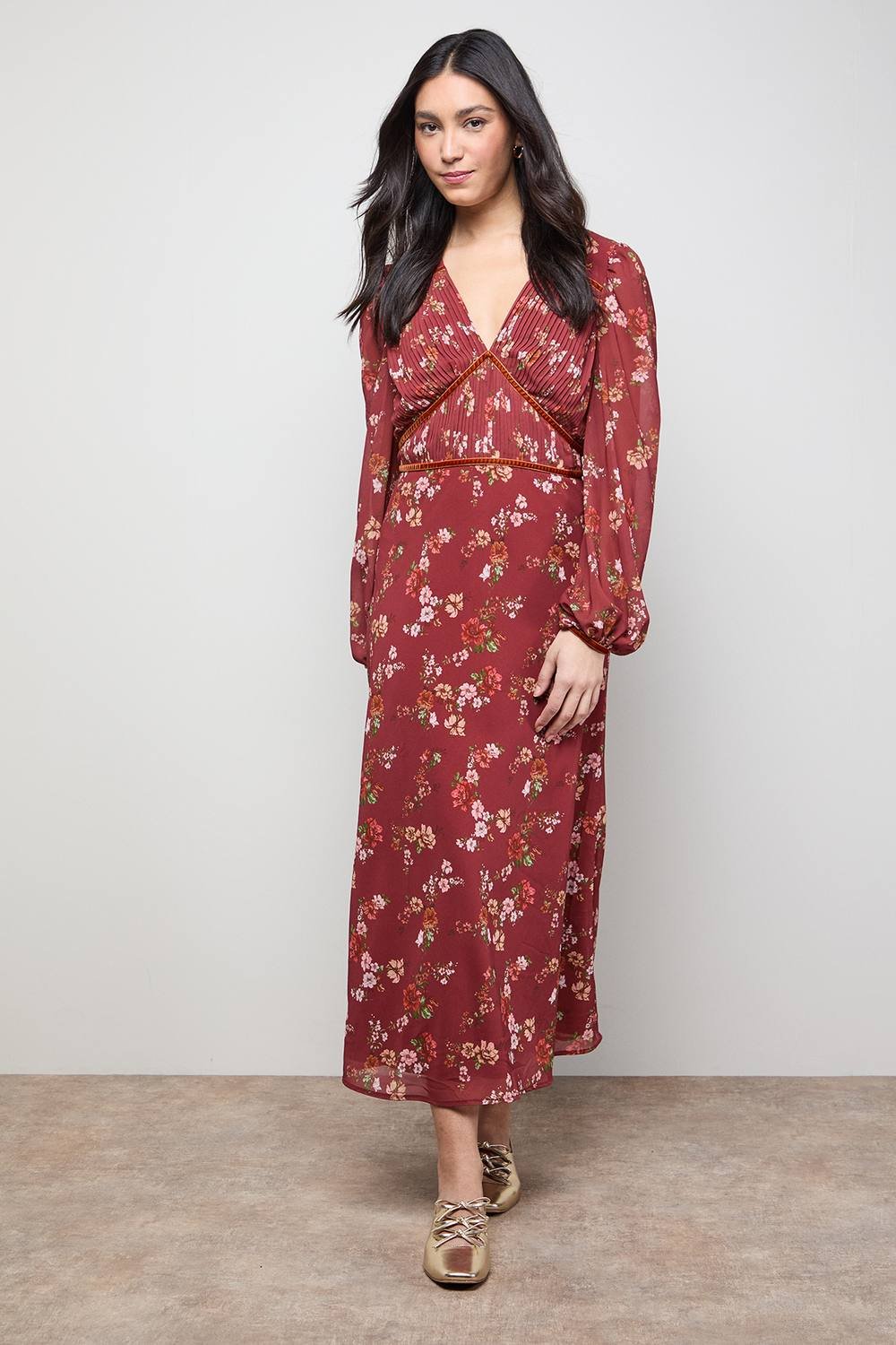 Oasis Oasis Women's Printed Pleated Bodice Detail Midi Dress in Rust - 2