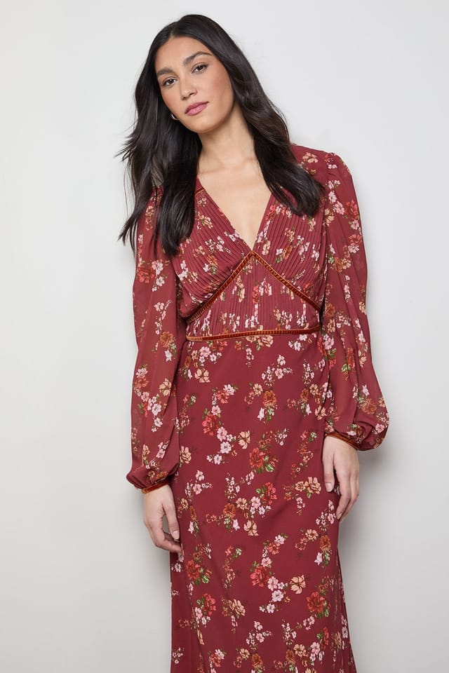 Oasis Oasis Women's Printed Pleated Bodice Detail Midi Dress in Rust - 2