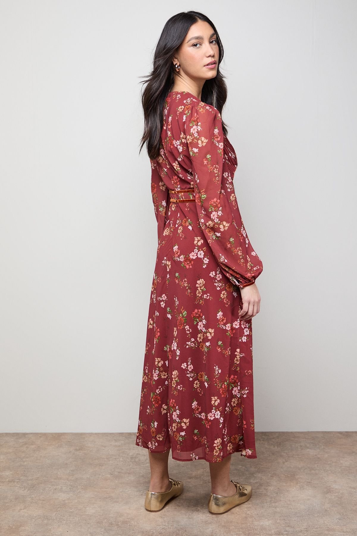 Oasis Oasis Women's Printed Pleated Bodice Detail Midi Dress in Rust - 3