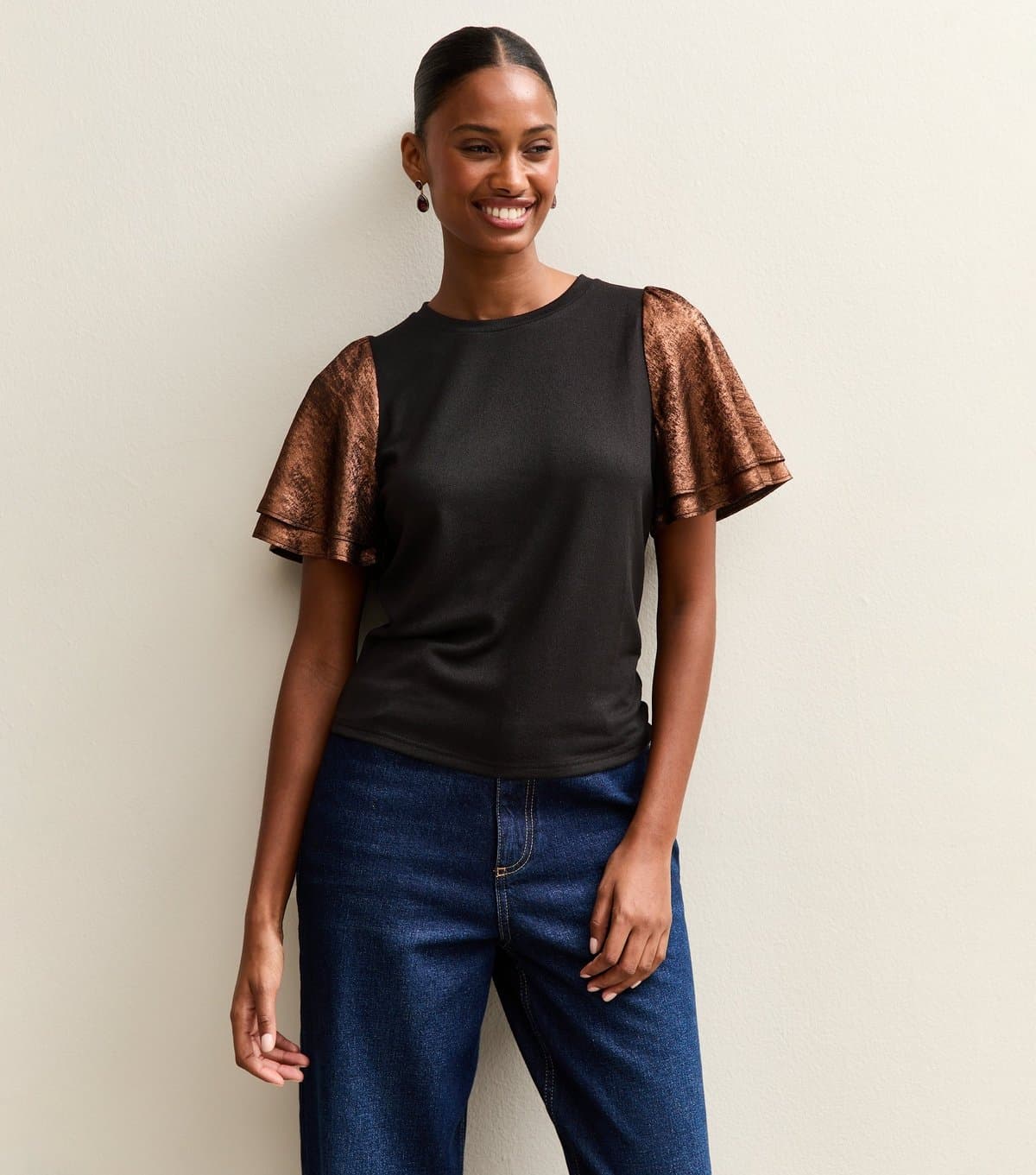 New Look Women's Dark Brown Soft Touch Metallic Flutter Sleeve Top New Look