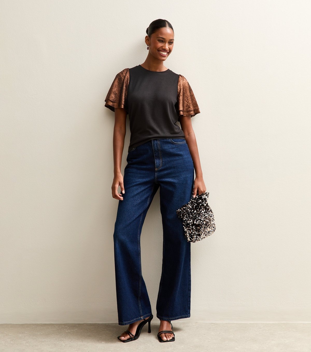 New Look Women's Dark Brown Soft Touch Metallic Flutter Sleeve Top New Look - 2