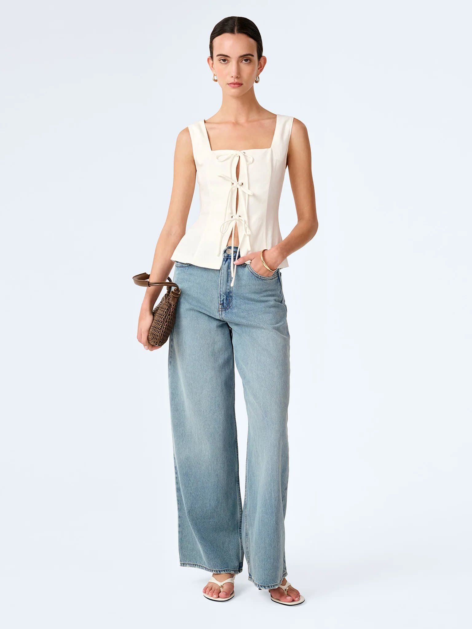 OMNES OMNES White Linen Square Neckline Top