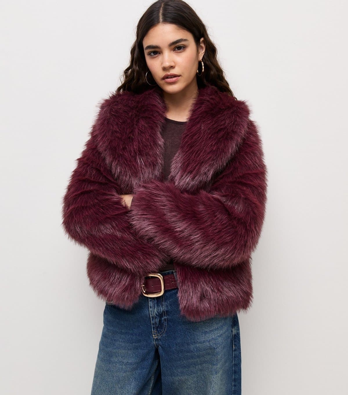 New Look Women's Dark Burgundy Faux Fur Shawl Collar Jacket New Look