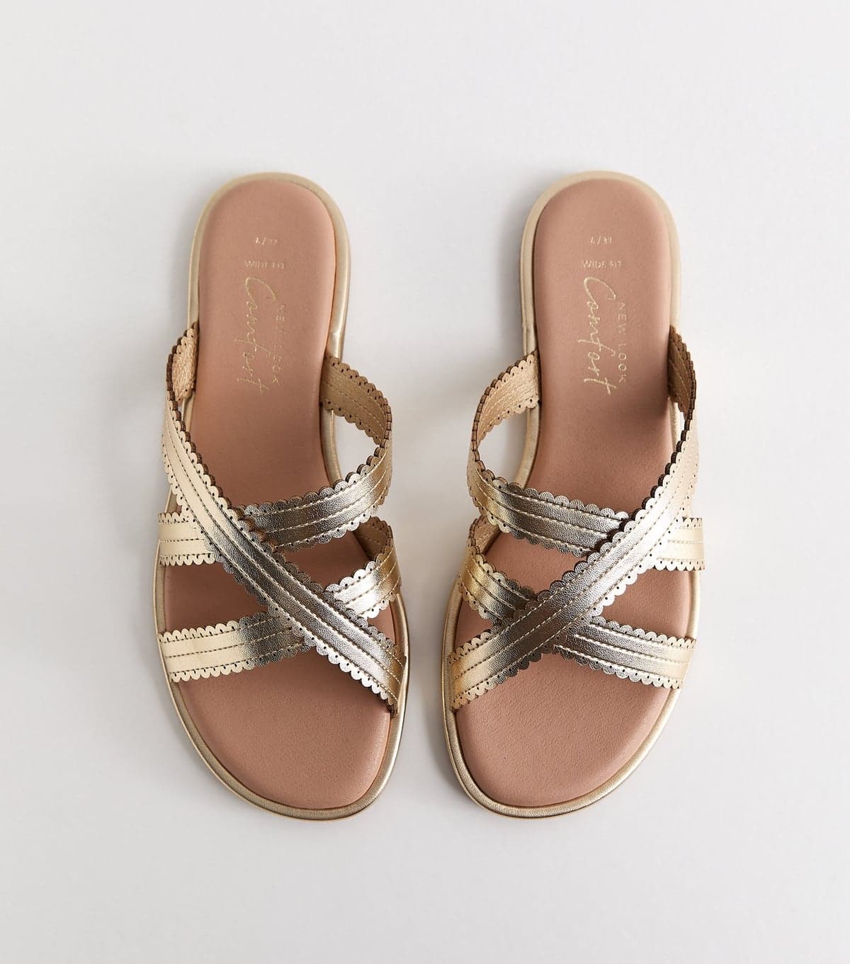 New Look Women's Wide Fit Gold Faux Leather Scalloped Flat Mules Vegan New Look