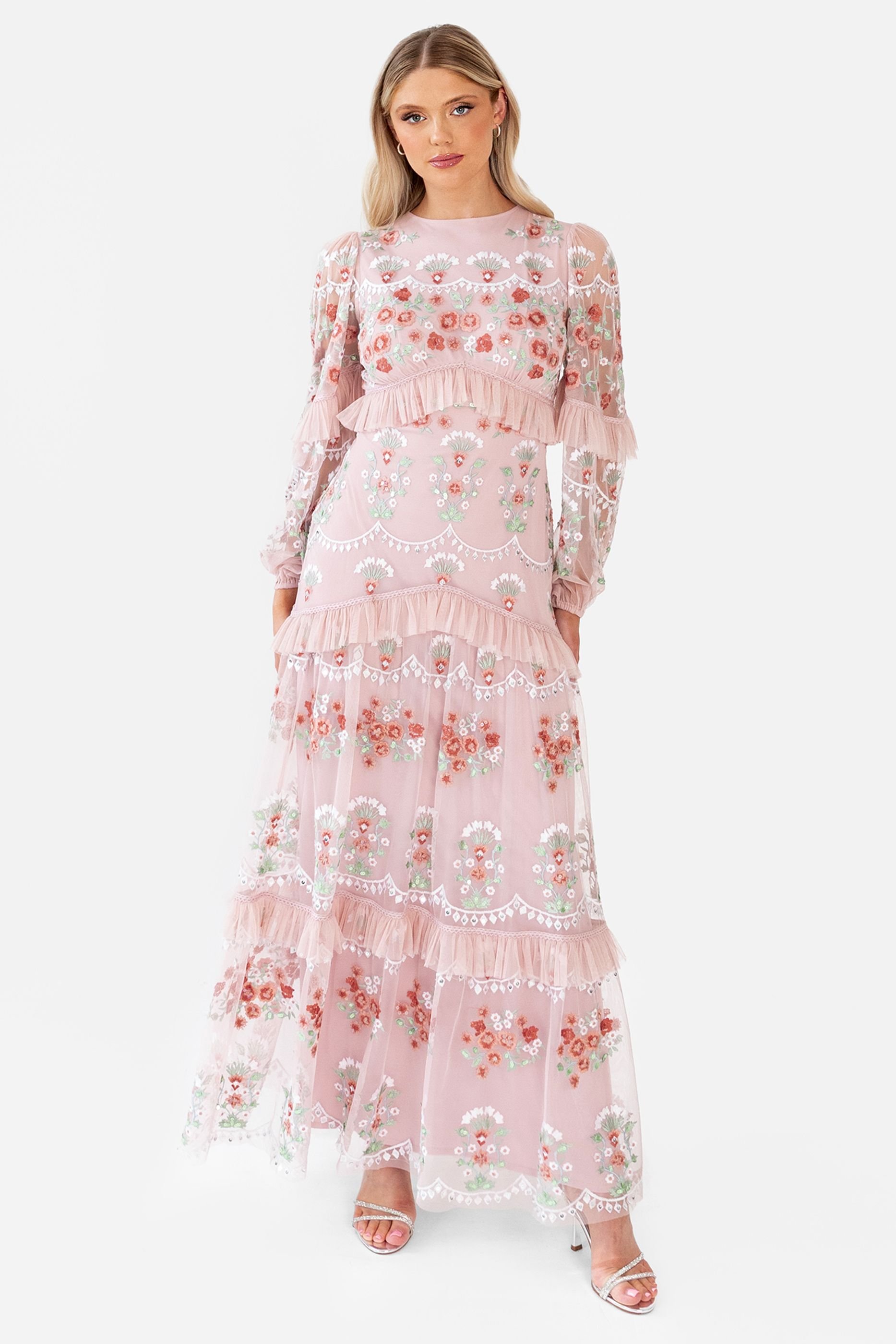 Maya Deluxe Maya Deluxe Women's Embroidered Long Sleeve Maxi Dress in Pink - 3