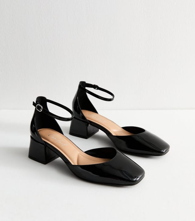 New Look Women's Black Faux Patent Block Heel Open Court Shoes New Look - 2