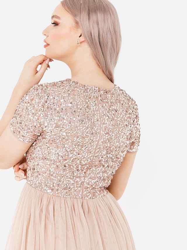 Maya Deluxe Maya Deluxe Women's Short Sleeve V Neck Embellished Midi Dress in Taupe - 2