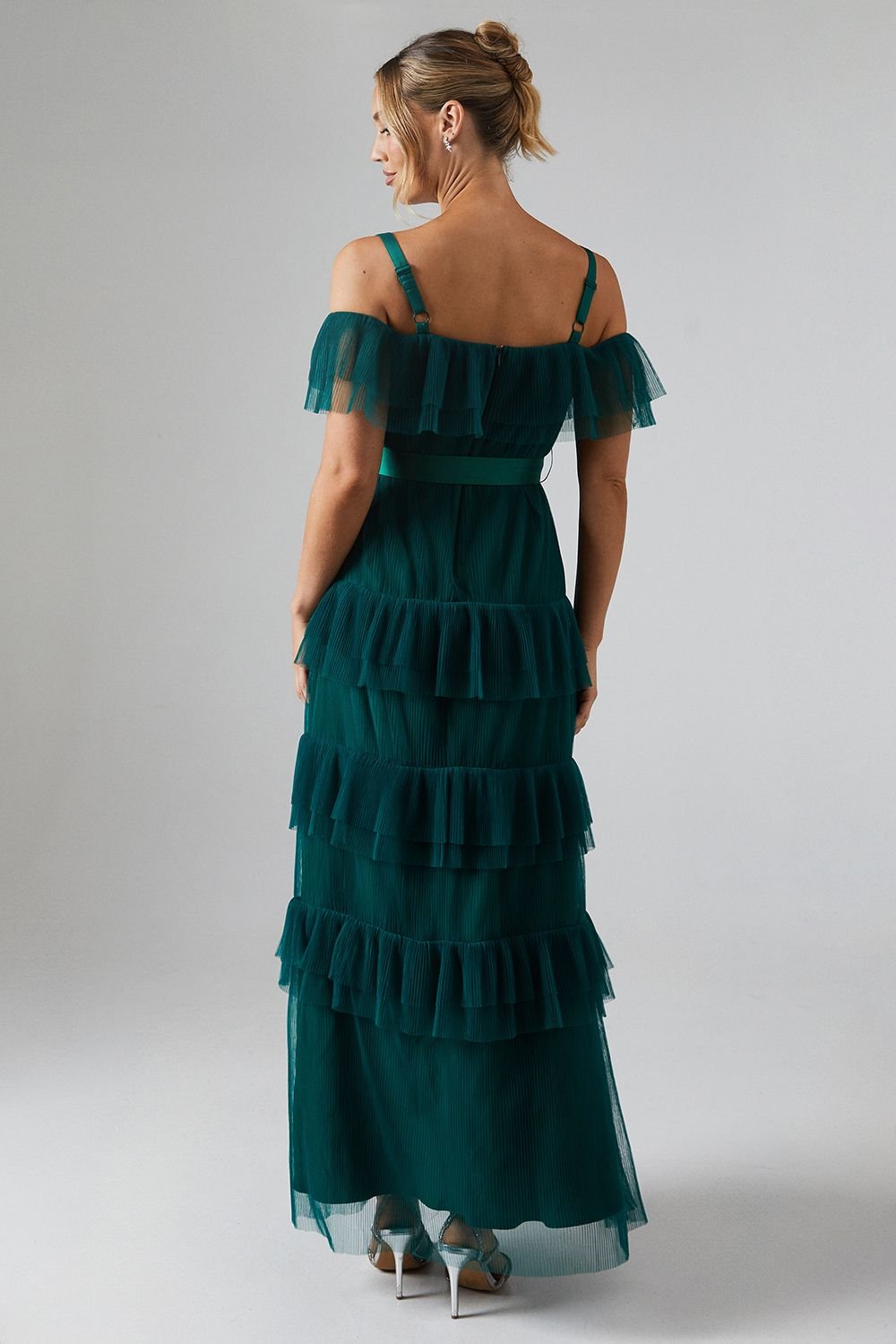 Oasis Oasis Women's Pleated Mesh Tiered Skirt Bridesmaid Dress With Satin Belt in Emerald - 3