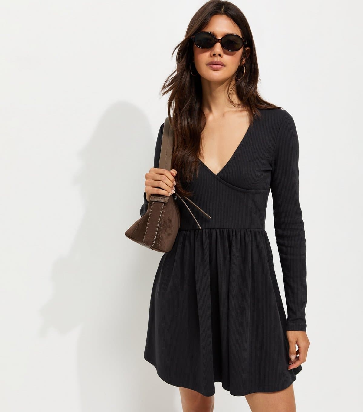 New Look Women's Dark Grey Cotton Rich Long Sleeve Ribbed Wrap Front Mini Ballet Dress New Look