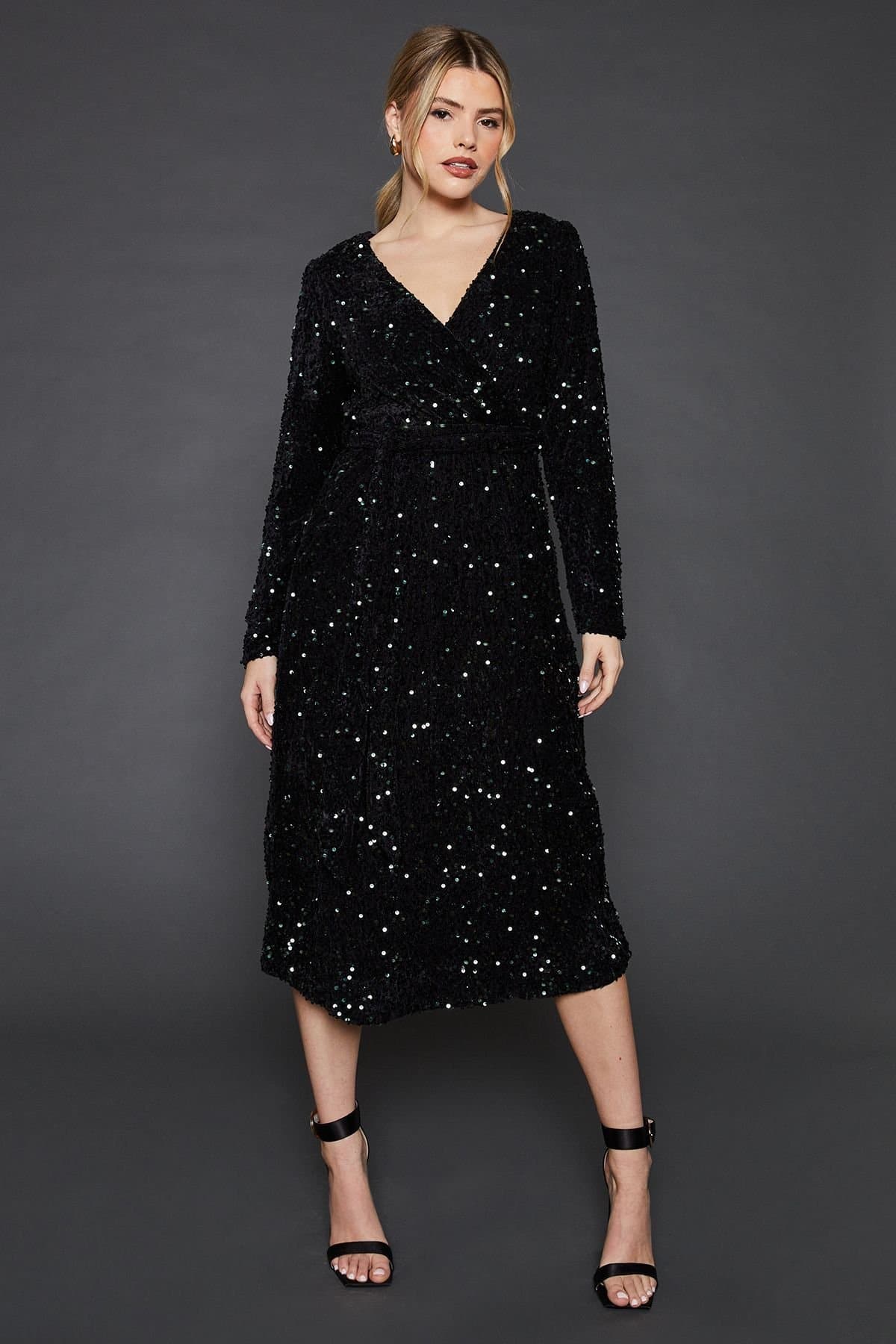 Dorothy Perkins Dorothy Perkins Women's Velvet Sequin Wrap Midi Dress in Bottle Green