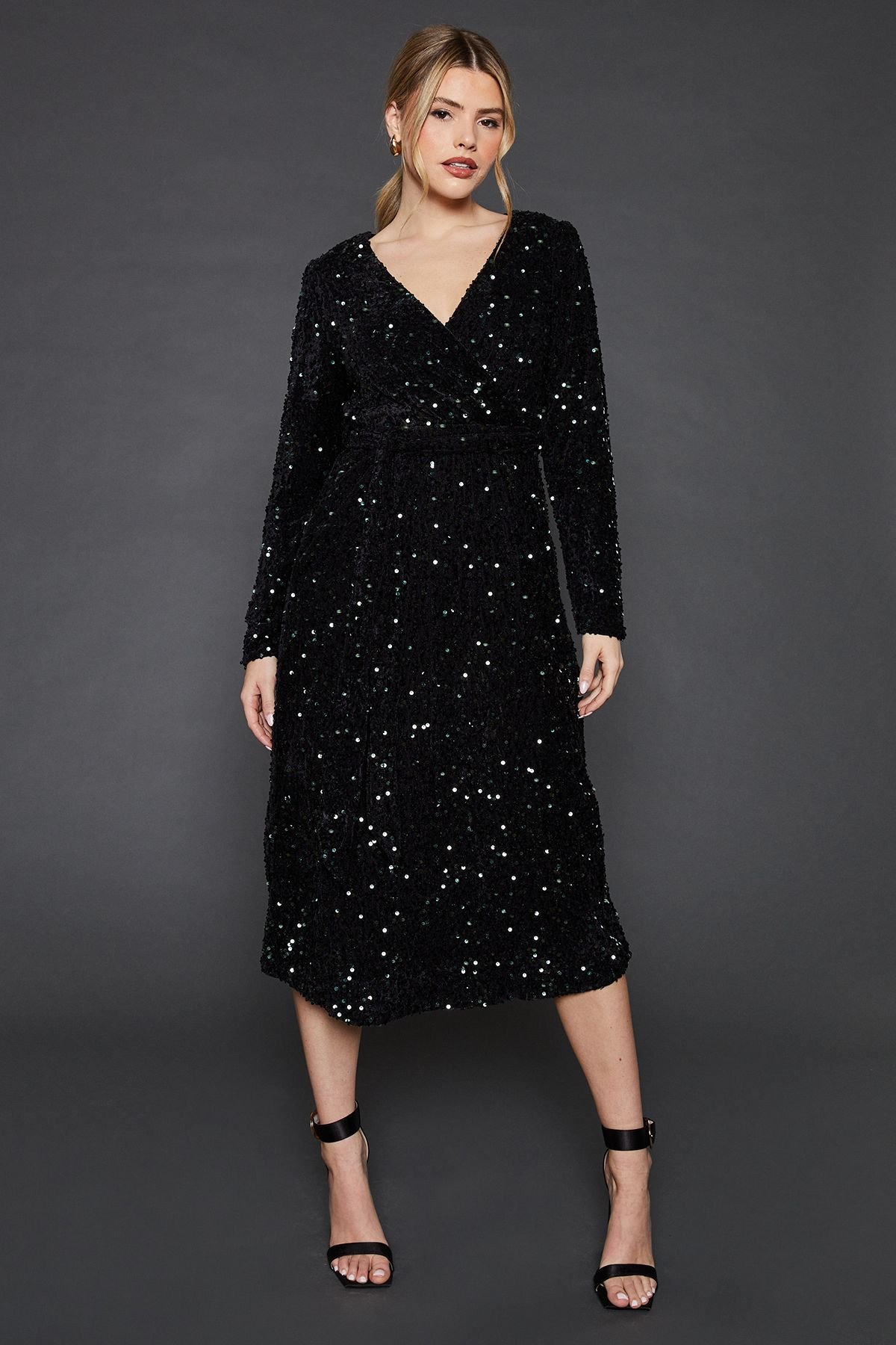 Dorothy Perkins Dorothy Perkins Women's Velvet Sequin Wrap Midi Dress in Bottle Green - 2