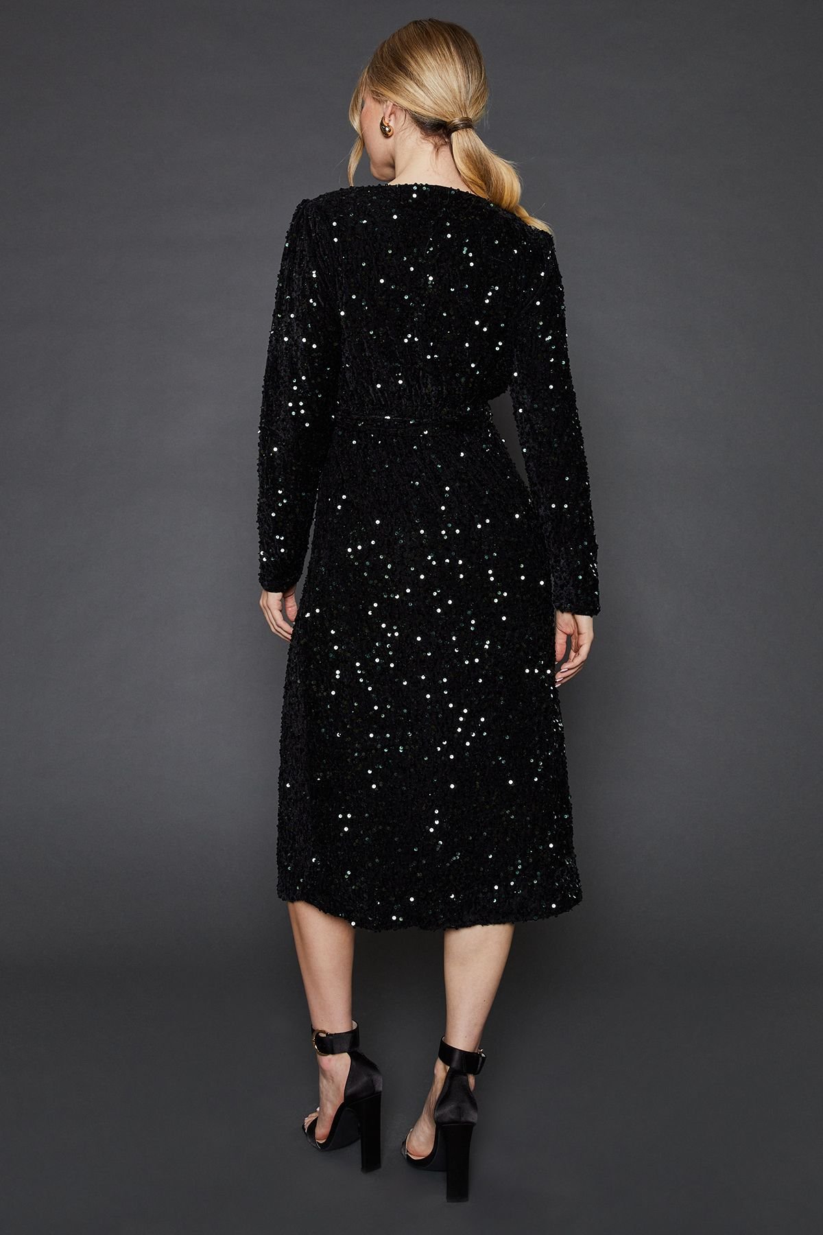 Dorothy Perkins Dorothy Perkins Women's Velvet Sequin Wrap Midi Dress in Bottle Green - 3