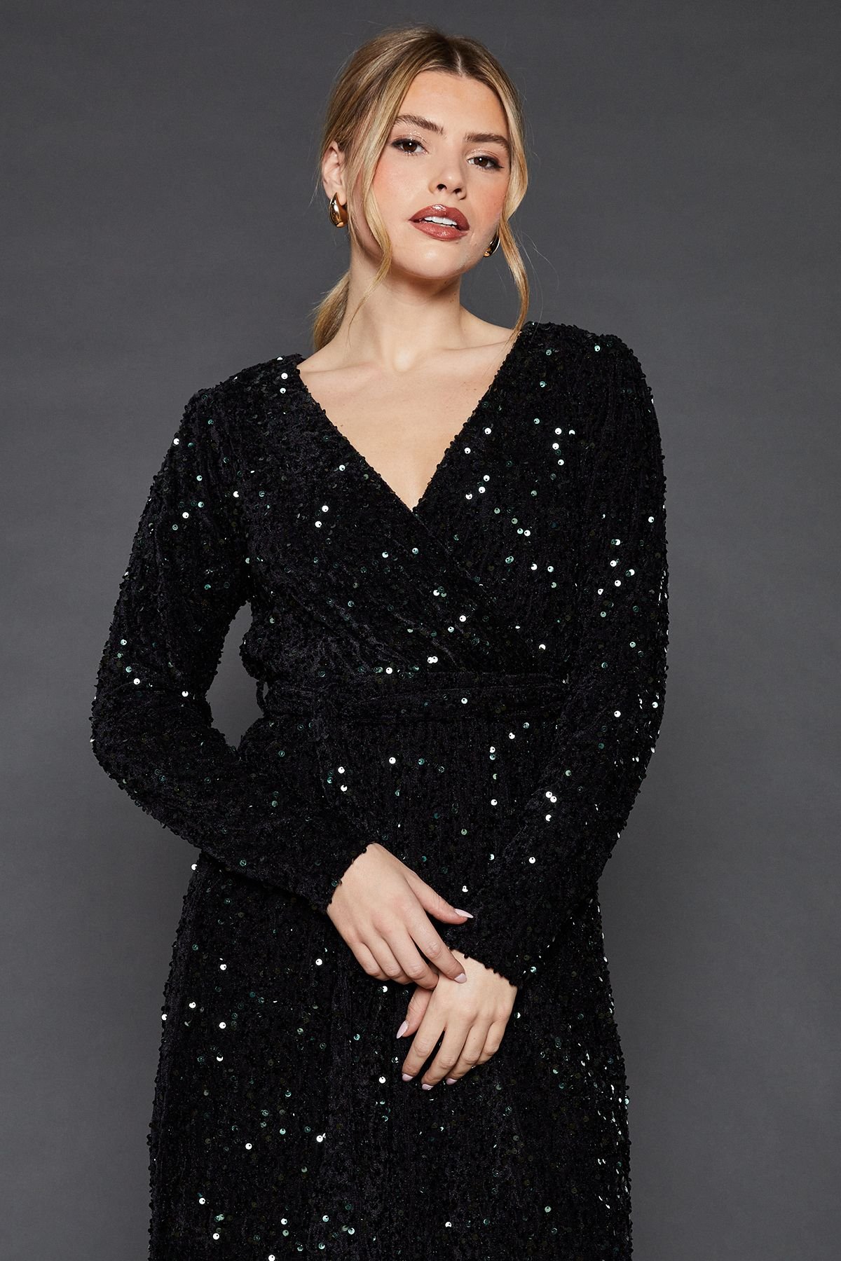 Dorothy Perkins Dorothy Perkins Women's Velvet Sequin Wrap Midi Dress in Bottle Green - 4