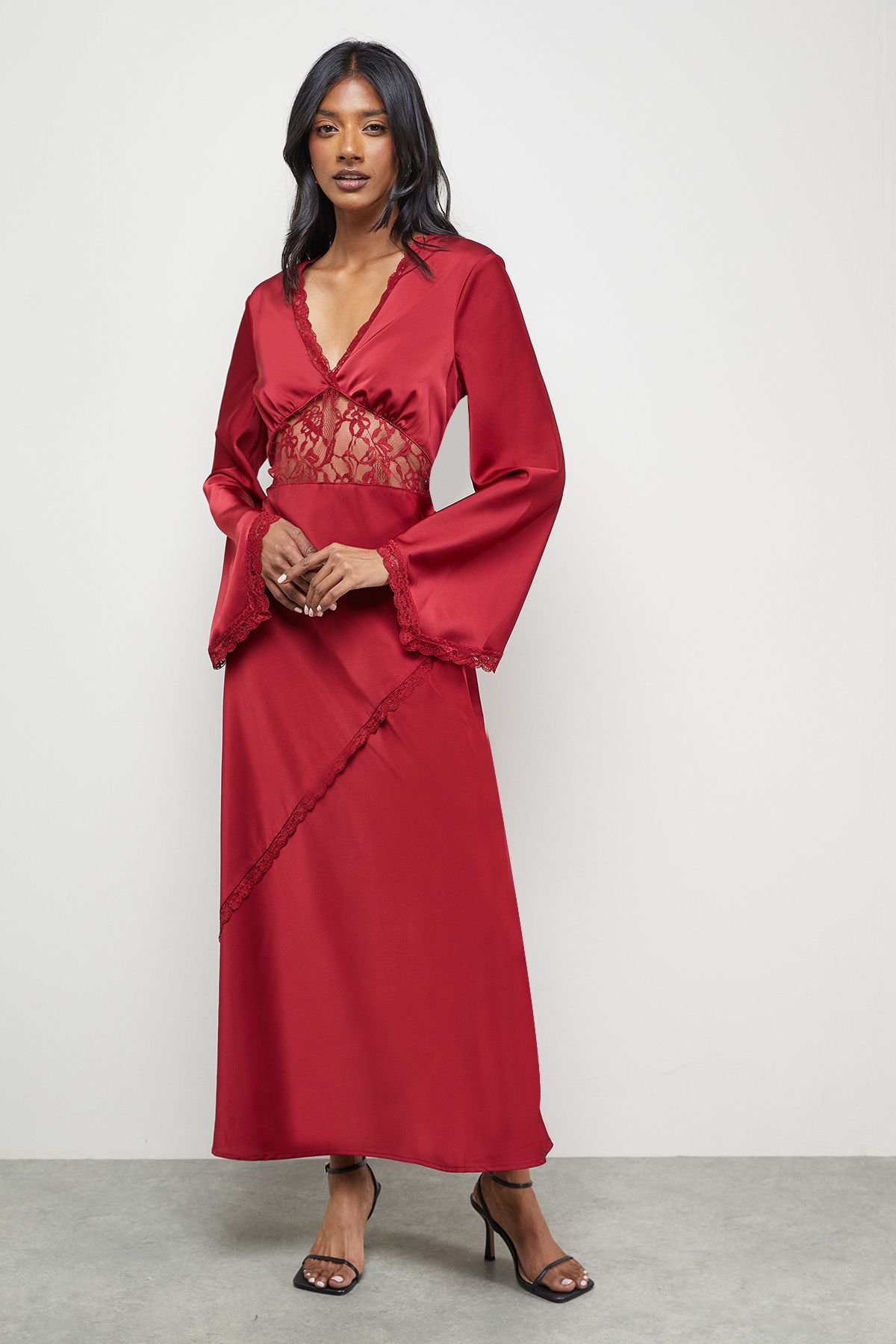 Warehouse Warehouse Women's Satin Lace Insert Flute Sleeve Midi Dress in Dark Red - 2